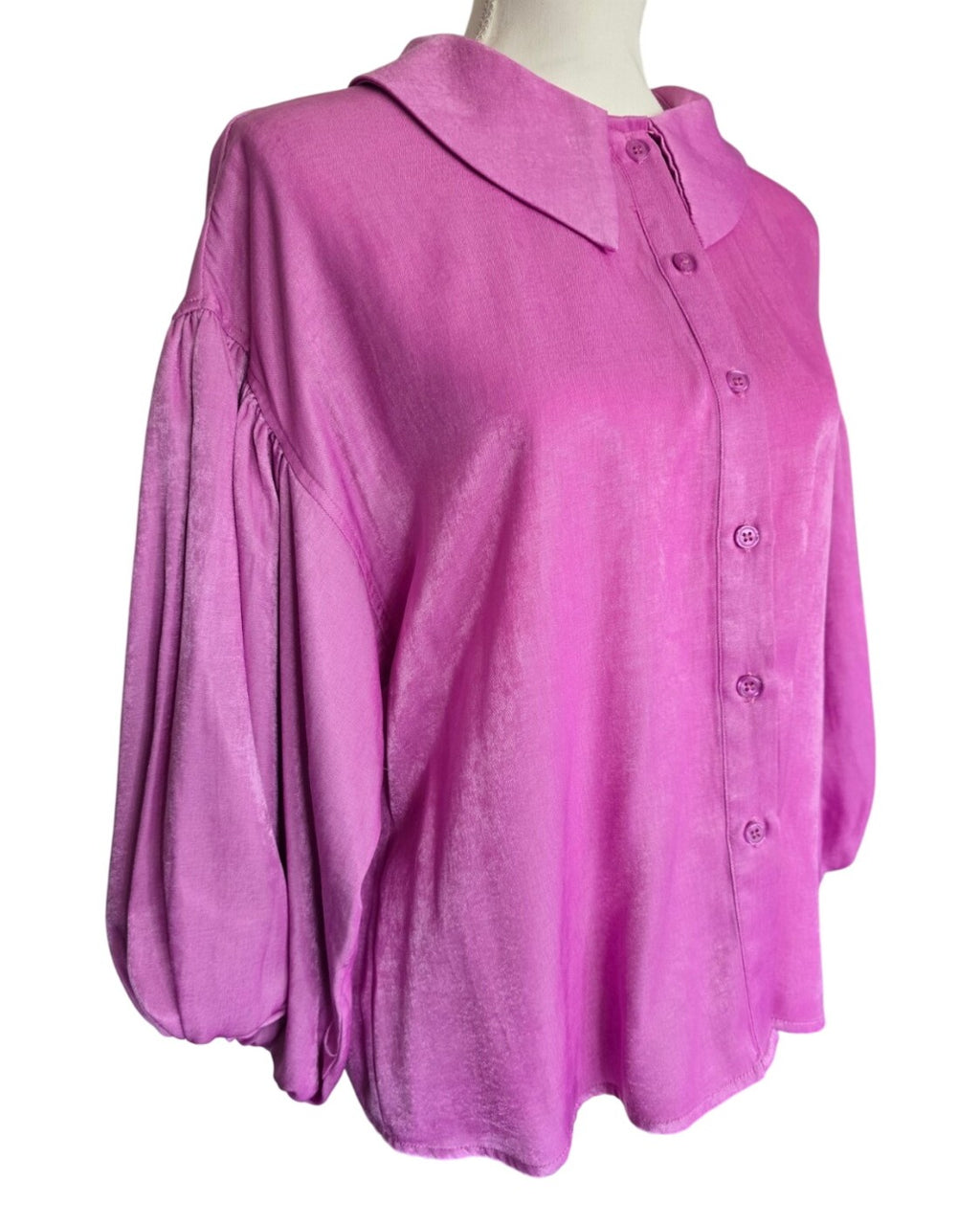 Pink Anniewear Balloon Sleeve Button Down Blouse - #AT1581A, size S – photo 3